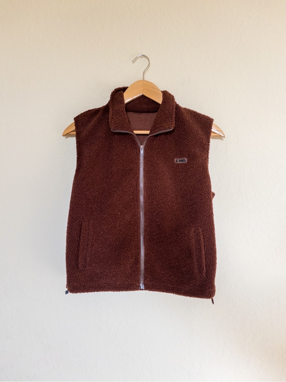 LMD Brown Sherpa Fleece Vest | Full Zip Teddy Vest | Cozy Layering Piece